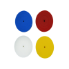 blue, red, white, and yellow round plastic card holders